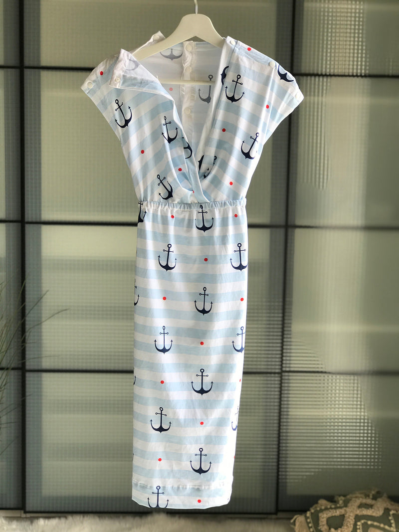 Dress for pregnancy, labor and delivery, breastfeeding, night time feeding, soft jersey cotton, flattering fit in Anchors & Stripes Nautical