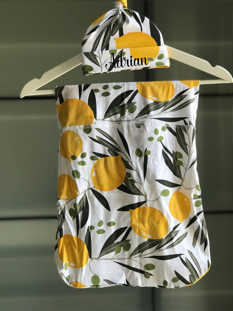Dress for pregnancy, labor and delivery, breastfeeding, night time feeding, Soft cotton, flattering fit in Lemon Olive Leaves Baby Boy, girl