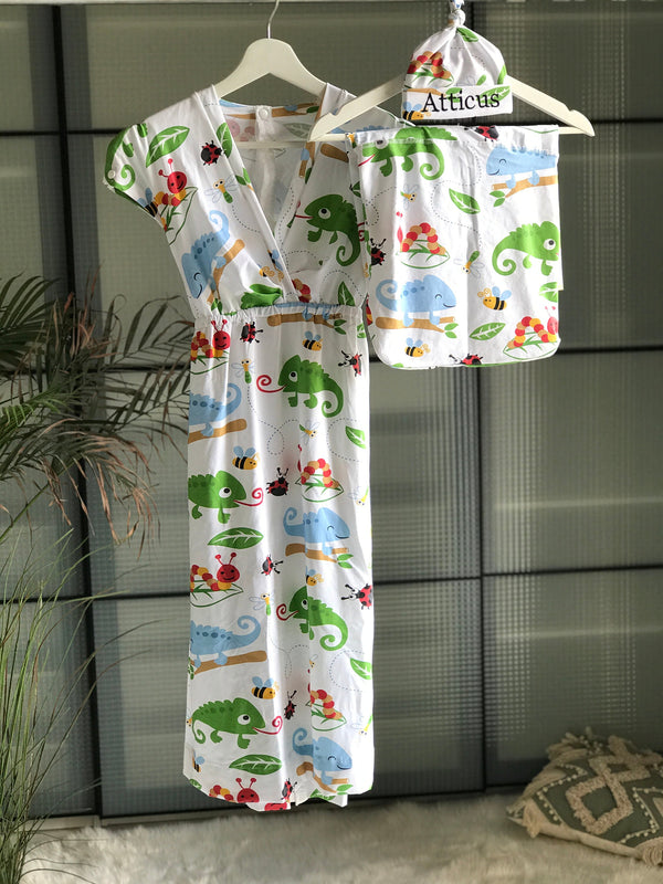 Dress for pregnancy, labor and delivery, breastfeeding, night time feeding, soft jersey cotton, flattering fit. Chameleon Lady bug. Baby boy