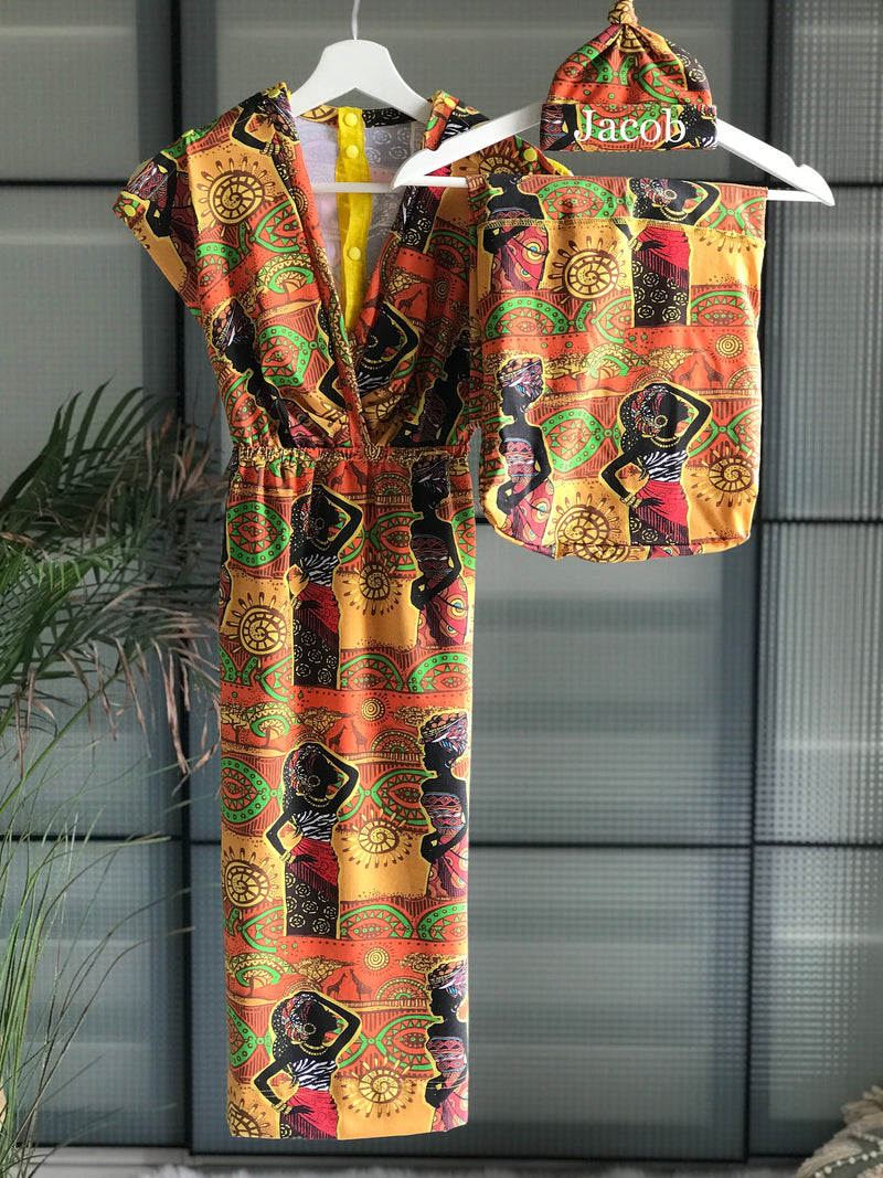 Dress for pregnancy, labor and delivery, breastfeeding, night time feeding, soft jersey cotton, in African Women. Tribal. Baby boy or girl.